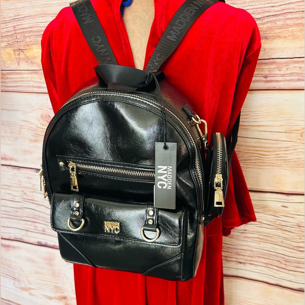 Madden NYC Women’s Black Gold Faux Patent Leather Dome Ring Logo Backpack NWT